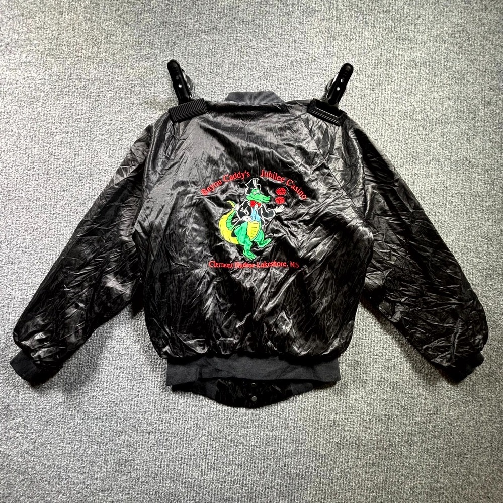 VTG 80s West Ark Bayou Caddy’s Jubilee Casino Satin Bomber Jacket Men's S Black - Picture 12 of 14